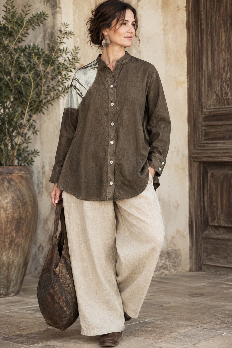 Catherine Bacon Art To Wear Corduroy Shirt Brown Oversize Lagenlook Shell Button